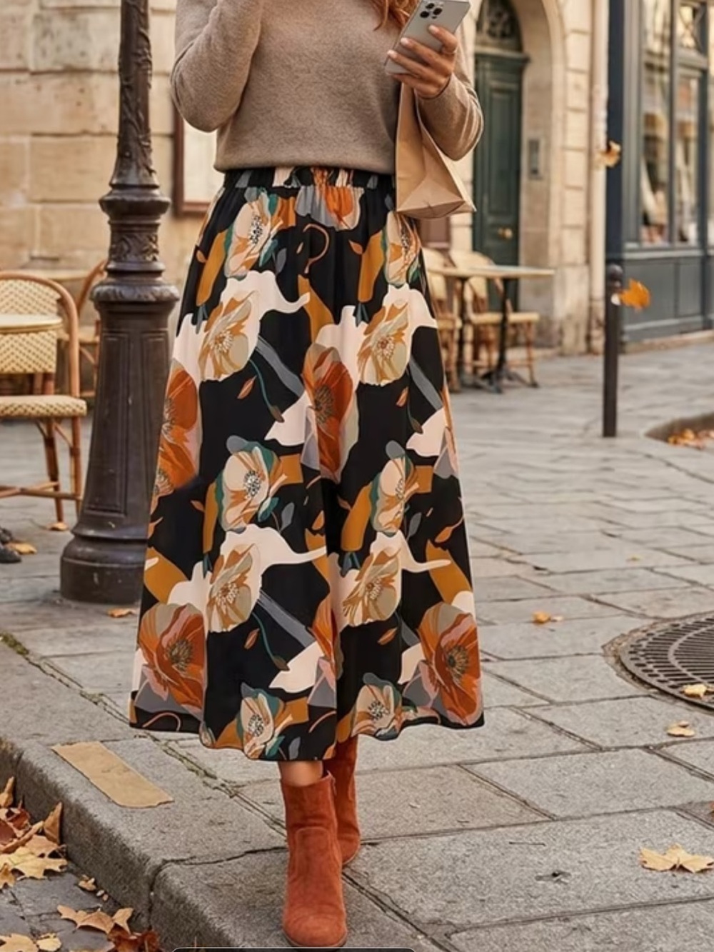 Women's Black Floral High Waisted Maxi Skirt - Autumn Floral Print